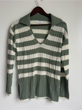 NAADAM Cashmere Wool Sweater Green White XS V Neck Women Polo Collar Luxury Soft